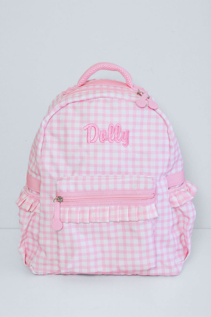 embroidered pink gingham backpack for girls 