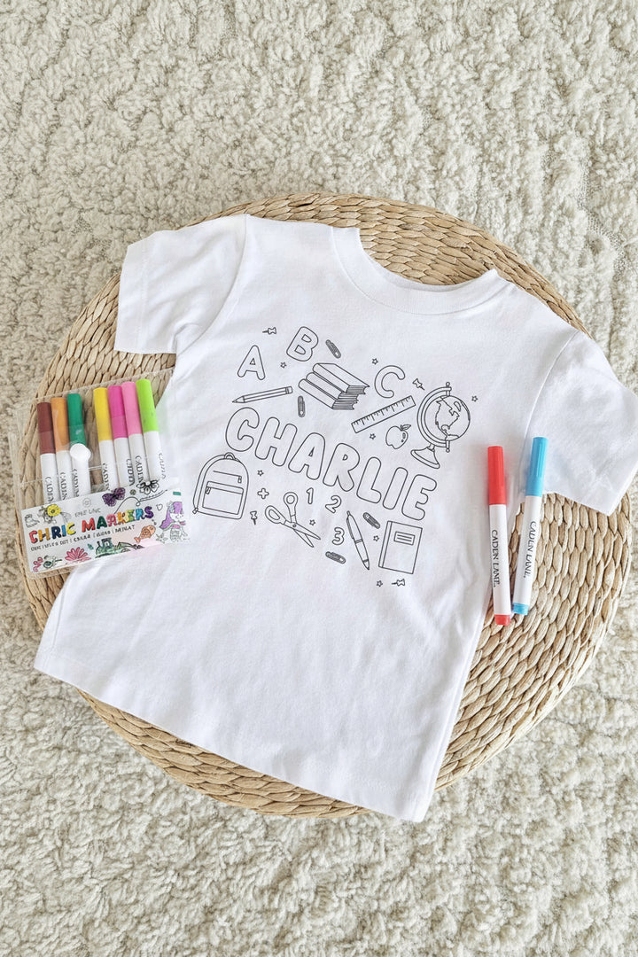 School Days Colorable Personalized Kids Graphic Tee | White
