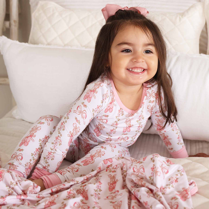 girly floral and ballet printed pajamas with pink detail for kids