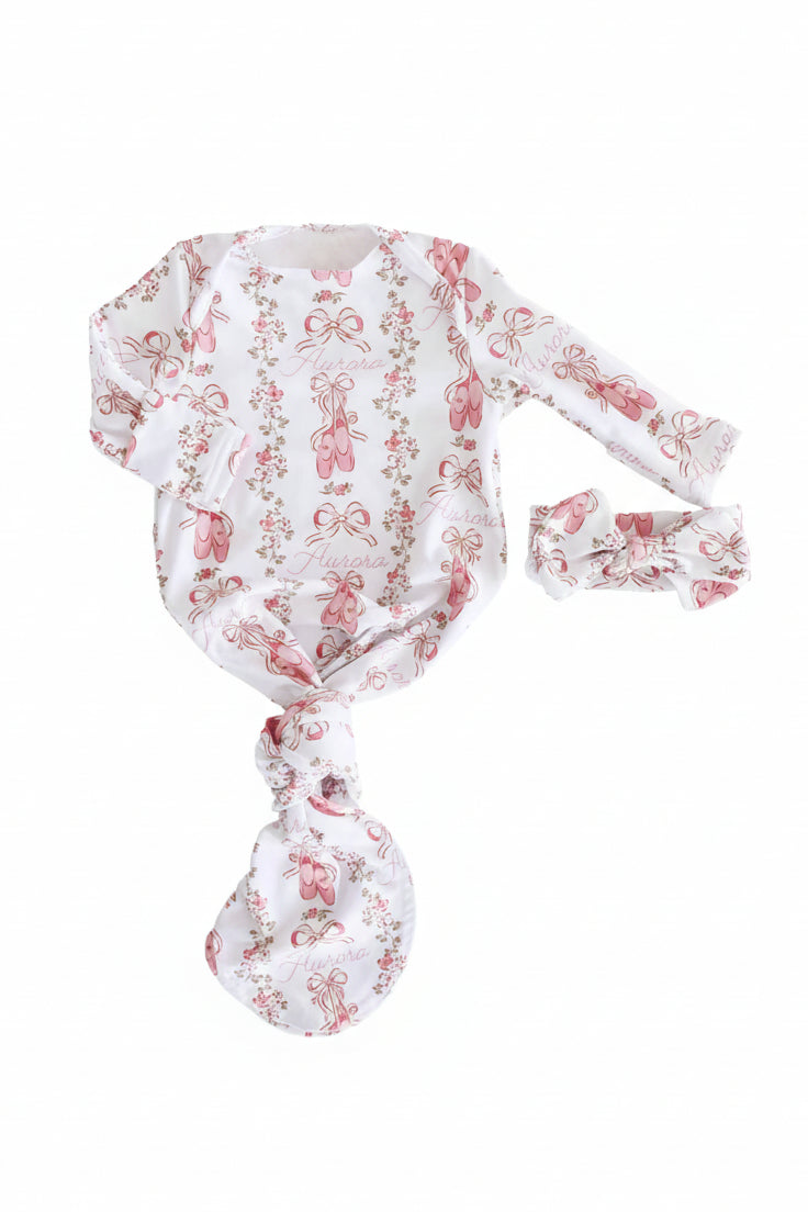 ballet blosoms personalized newborn knot gown and headwrap set 