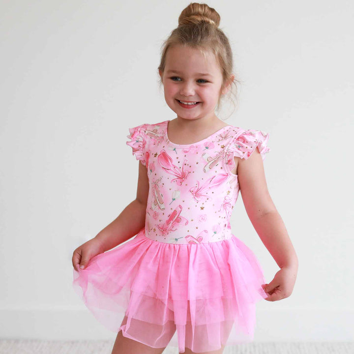 pink pointe shoe print ballet leotards with tutus for girls