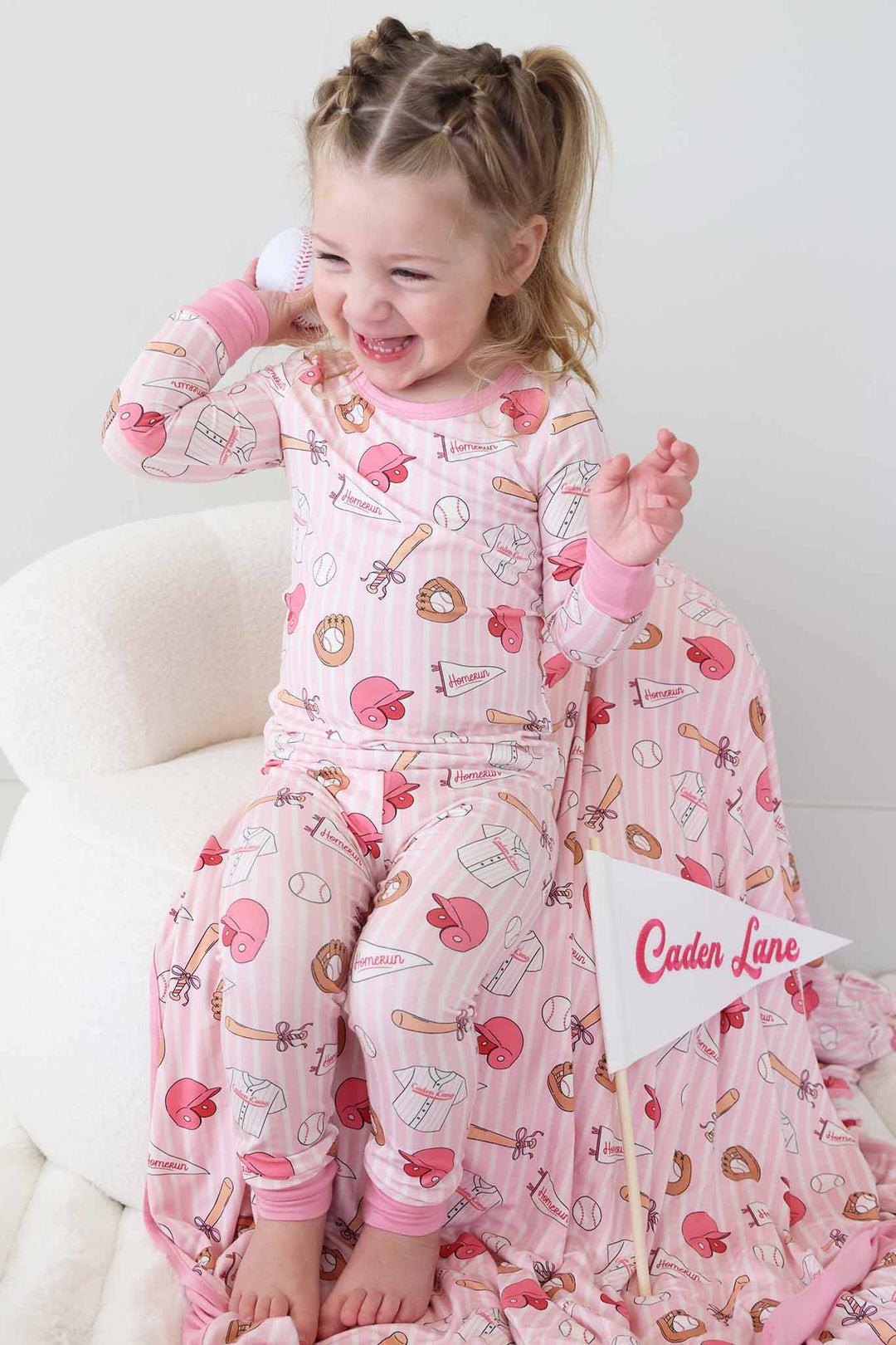 girl throwing baseball in ballpark babes two piece pajama set 