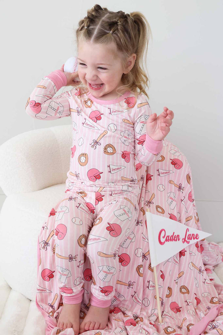 girl throwing baseball in ballpark babes two piece pajama set 