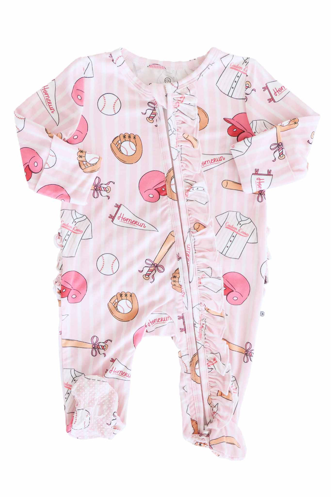 long sleeve ruffle zipper footie for baby girls with flip mitts and footies in ballpark babes 