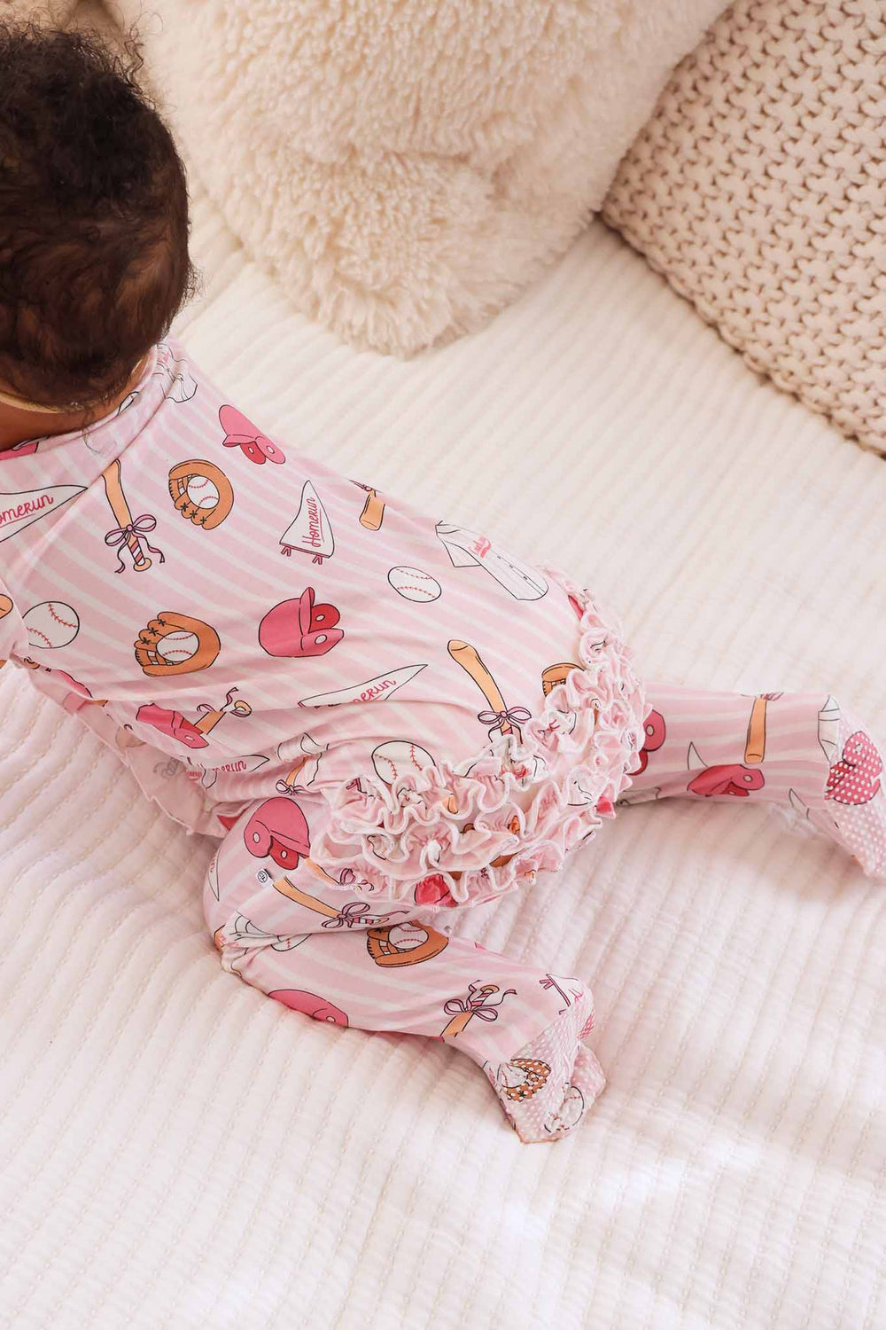 ruffle bottom pink striped baseball footie for baby girls 