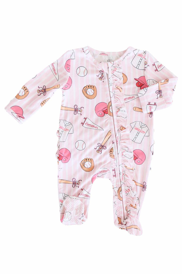 long sleeve girly baseball themed ruffle footie for girls 