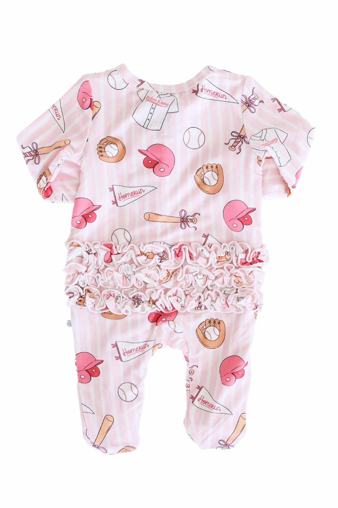 ruffle bottom zipper footie for girls with pink ballpark  babes print 