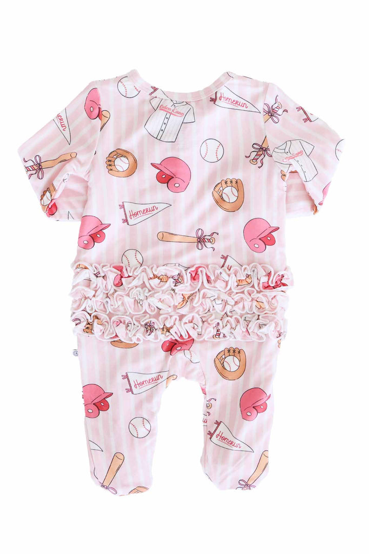 ruffle bottom zipper footie for girls with pink ballpark  babes print 
