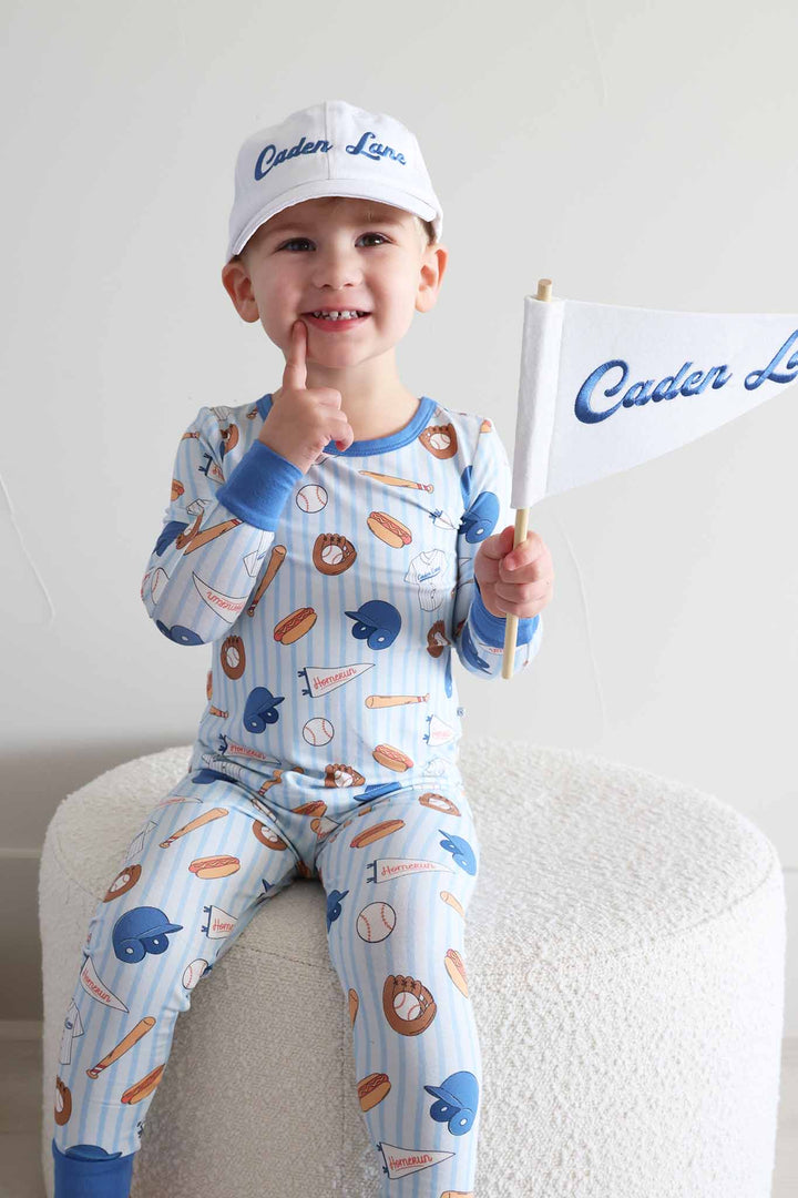 baseball bros bamboo two piece pajama set with caden lane baseball cap and flag banner 