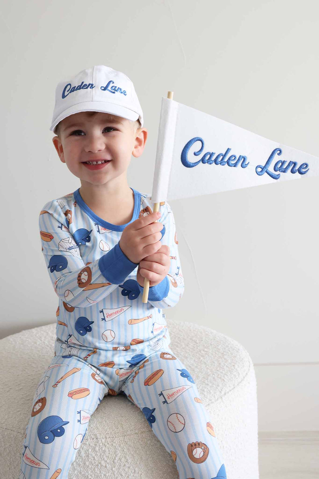 blue striped vintage baseball two piece pajama set for boys with cap and banner 