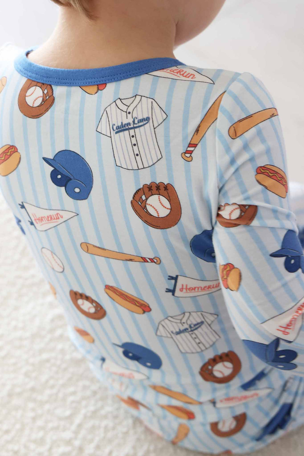 closeup of ballpark bros two piece pajama set for boys 