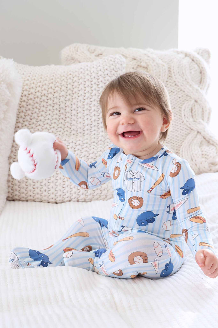 blue ballpark bros zipper footie pajama 