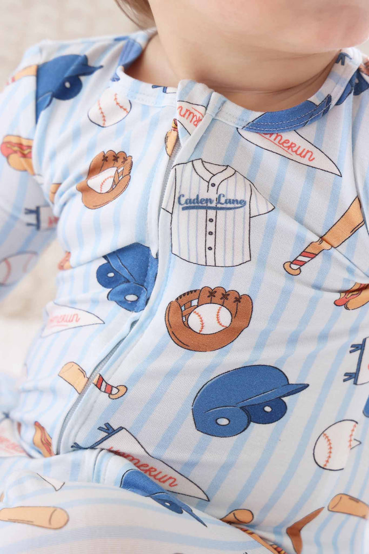 closeup of baseball bros zipper footie pajama for boys 