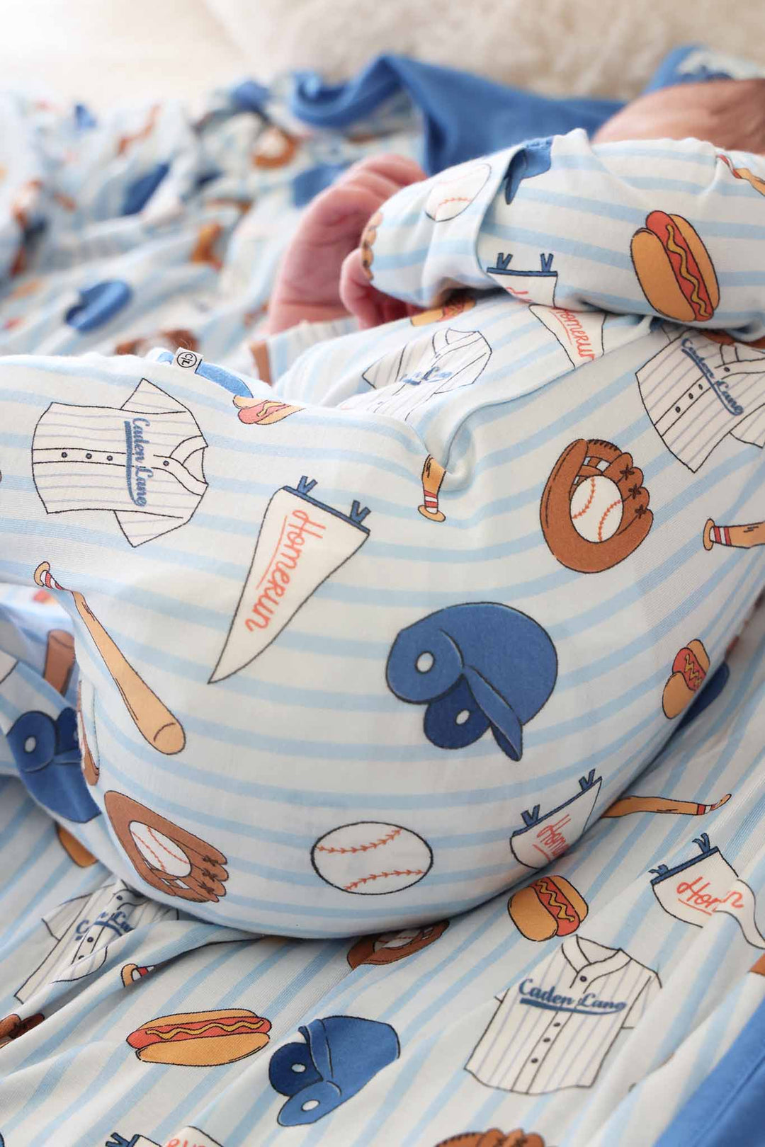 baseball footie pajama with banners, helmets, gloves, jerseys and more 