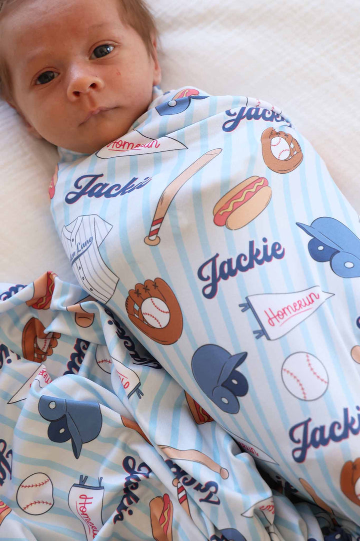 blue baseball themed personalized swaddle for boys 