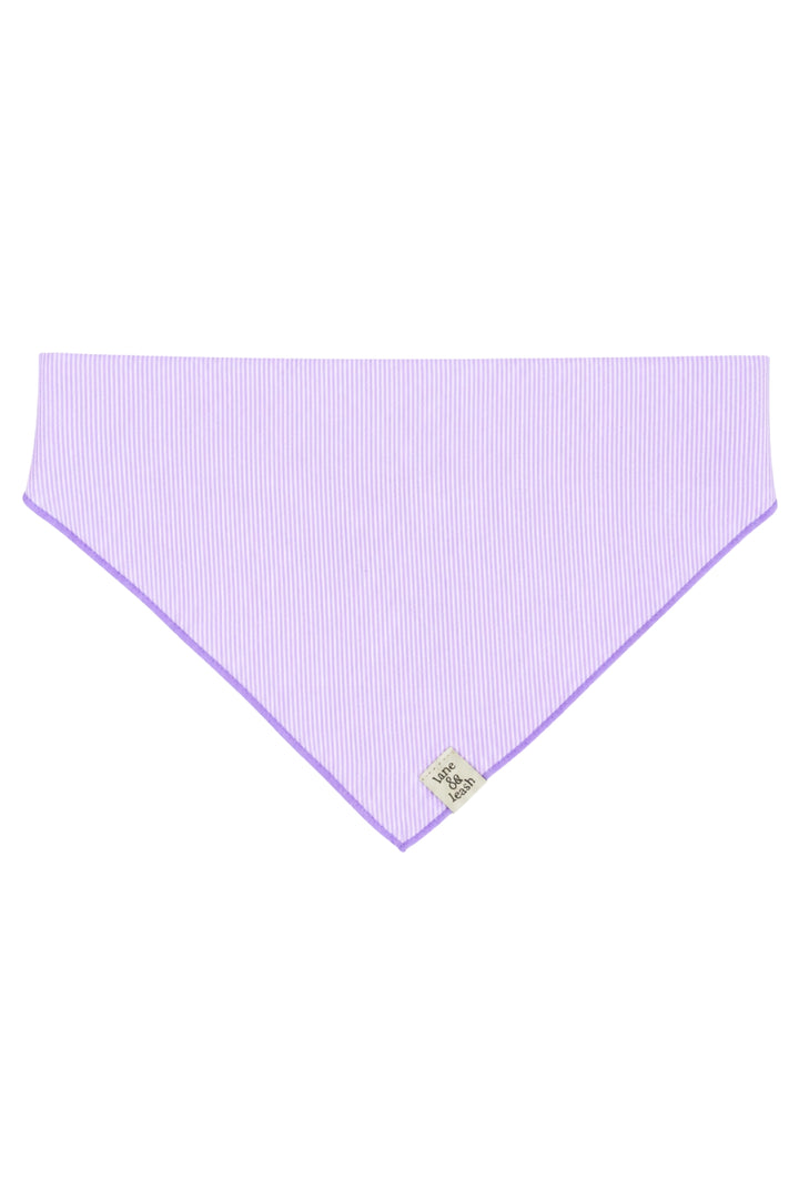 Flat lay of a solid lavender pet bandana in a triangle shape with lavender purple border, showing the blank embroidery area before personalization