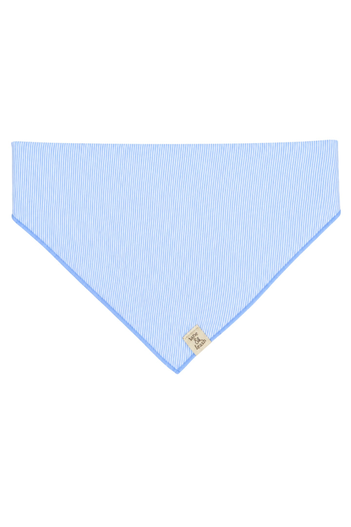 Flat lay of light blue and white striped pet bandana in triangular shape, ready for embroidery personalization, Morning Mist print