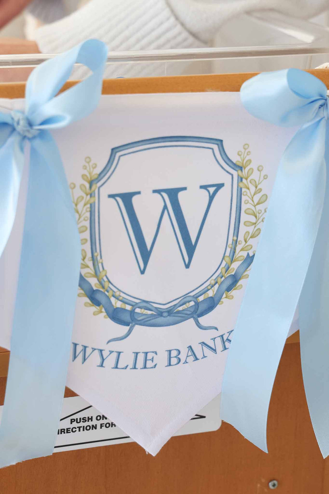 flag banner with baby's first and middle name with last initial in shield outline with vine detailing 