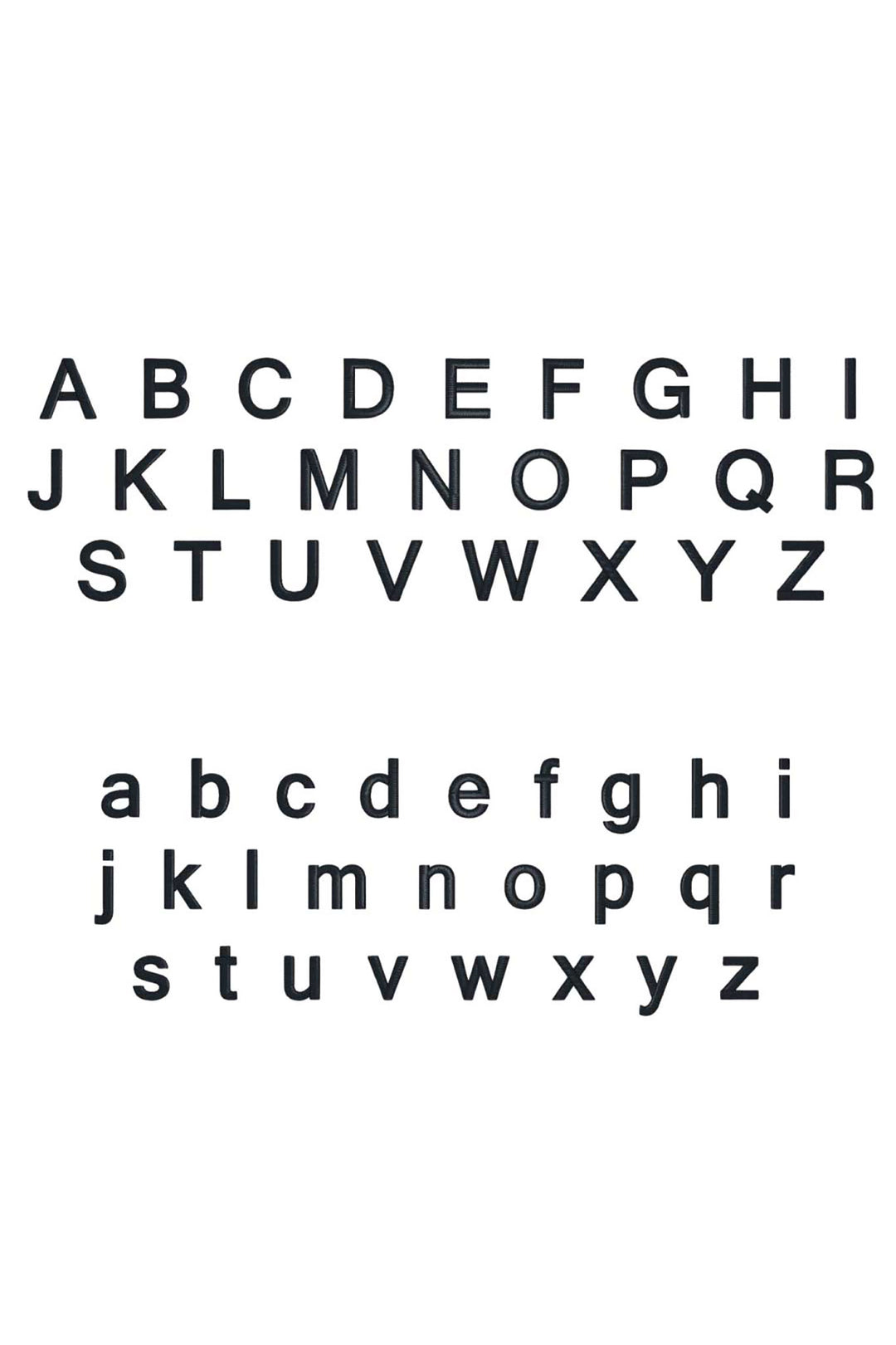 Basic block embroidery font preview showing uppercase and lowercase alphabet letters for pet name personalization
