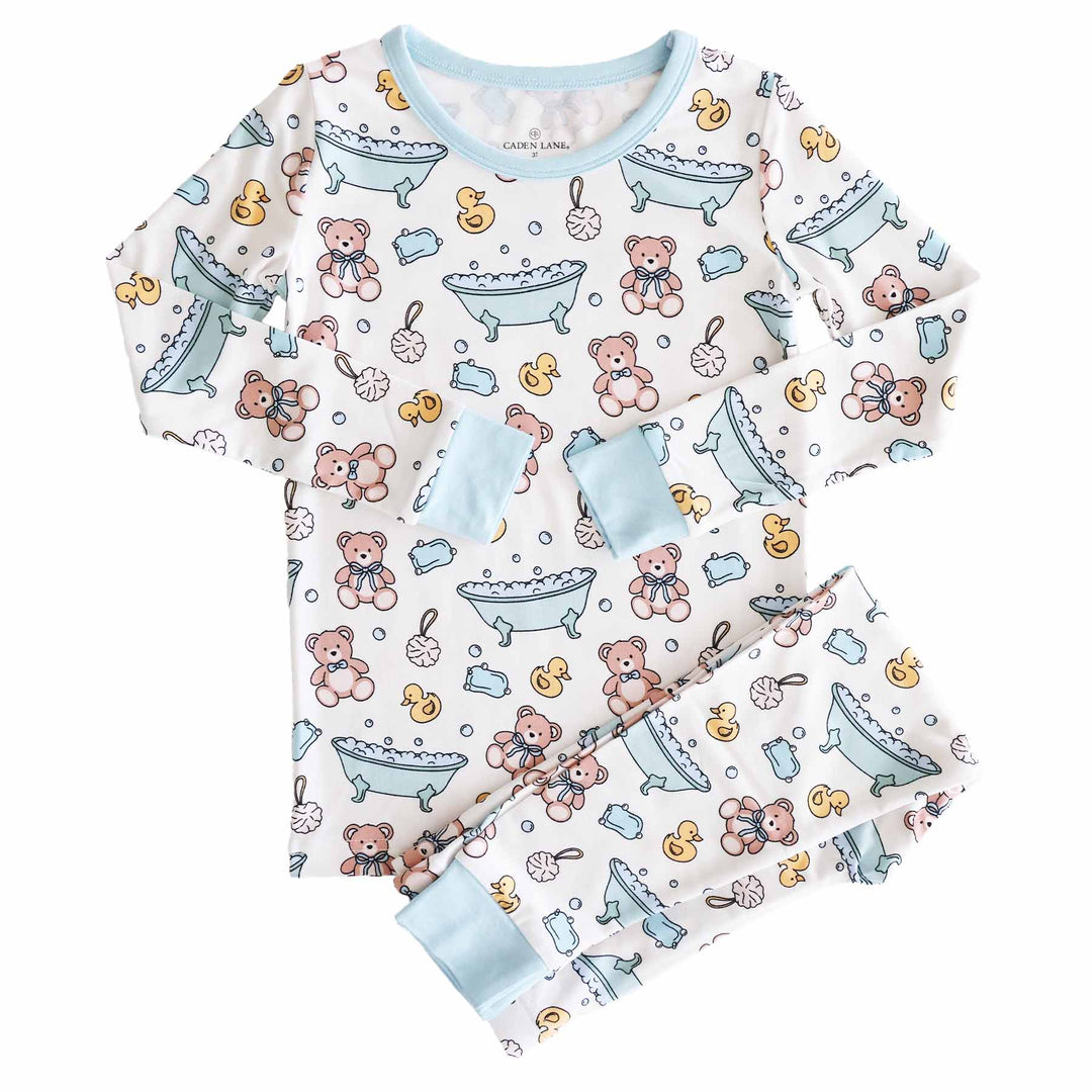 blue bathtime themed two piece pajama set for boys 