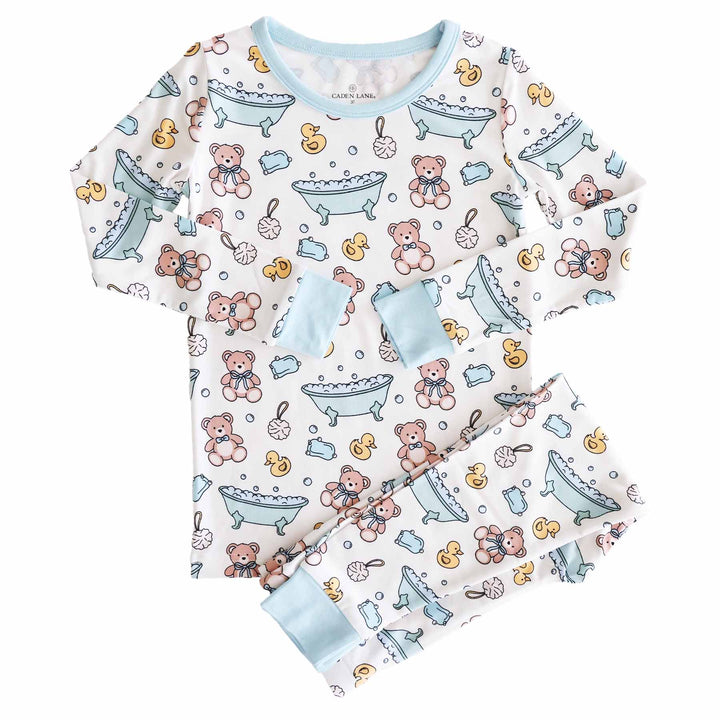 blue bathtime themed two piece pajama set for boys 