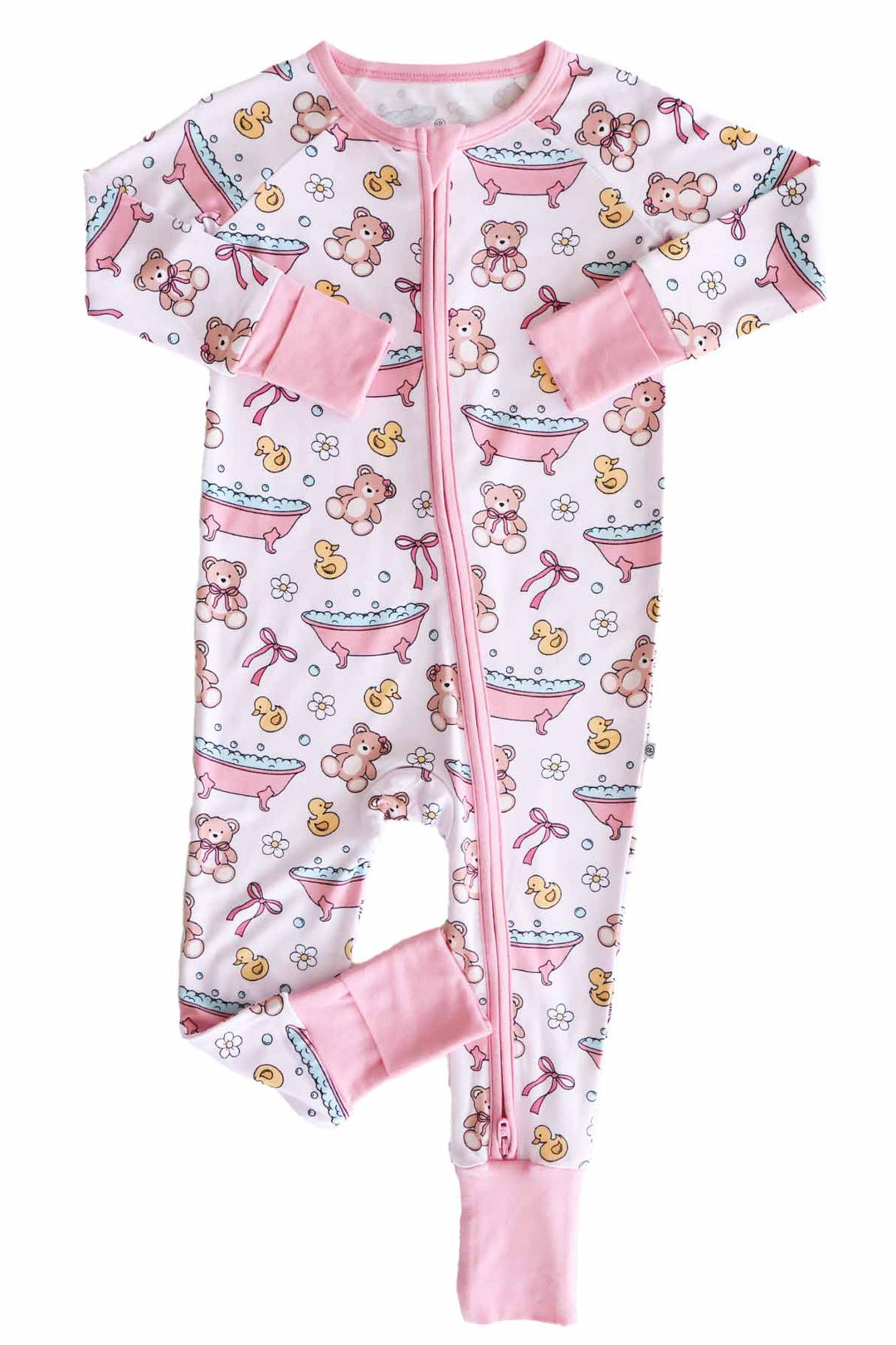 bath tub, rubber duck, teddy bear pink convertible zip romper pajama for babies and toddlers 