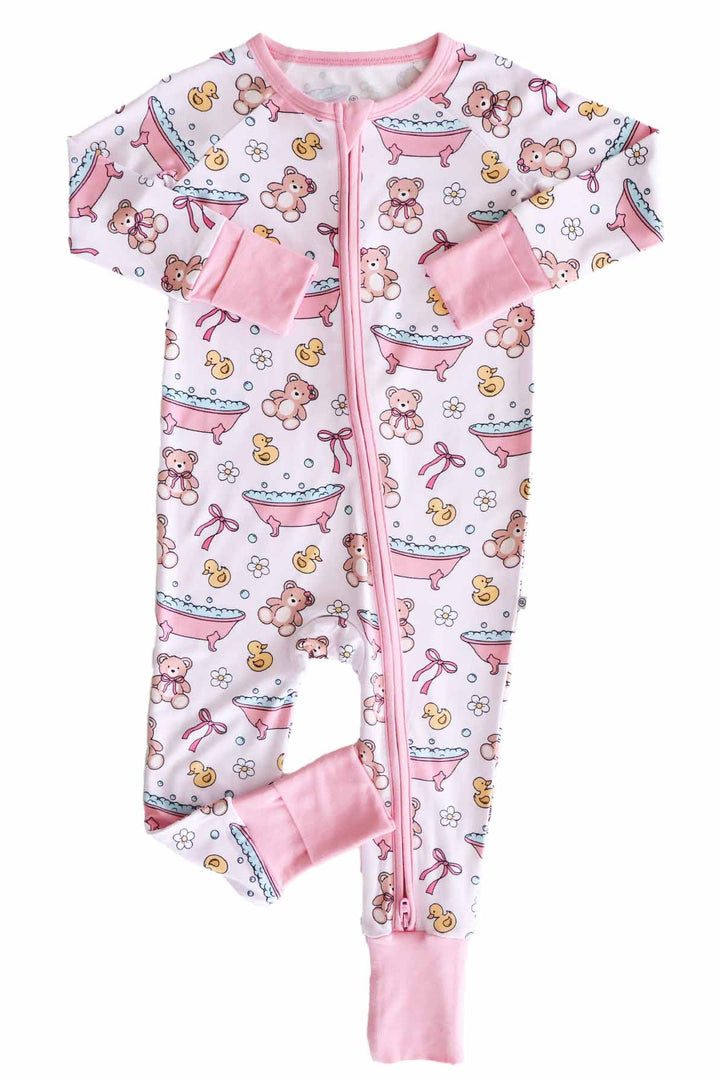 bath tub, rubber duck, teddy bear pink convertible zip romper pajama for babies and toddlers 