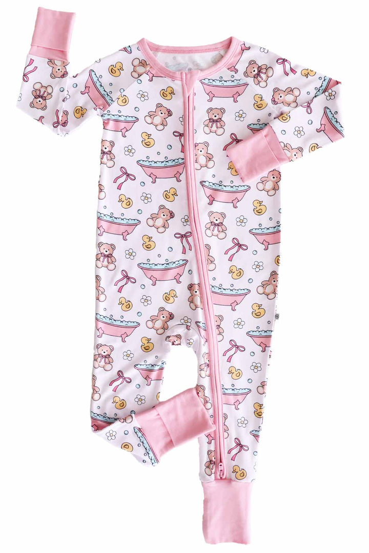 convertible zip romper pajama for babies and toddlers bathtime besties pink