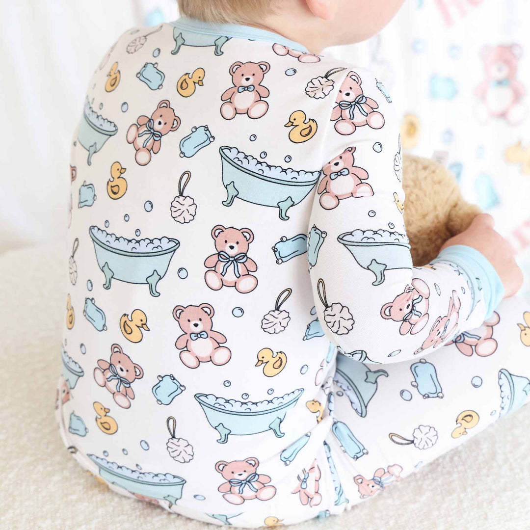 blue bath themed two piece pajama set for kids 