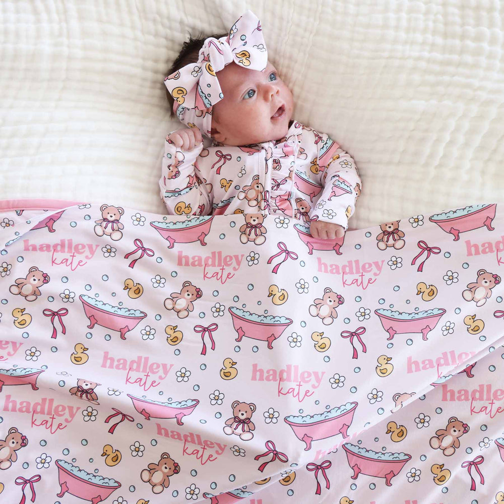pink personalized swaddle blanket bath time besties 