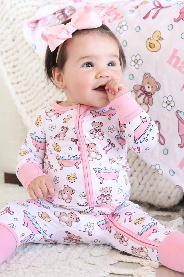 pink bath pajama romper for baby and toddler girls 