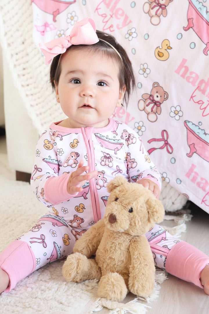 bathtime besties pink bamboo convertible zip romper pajama for girls 