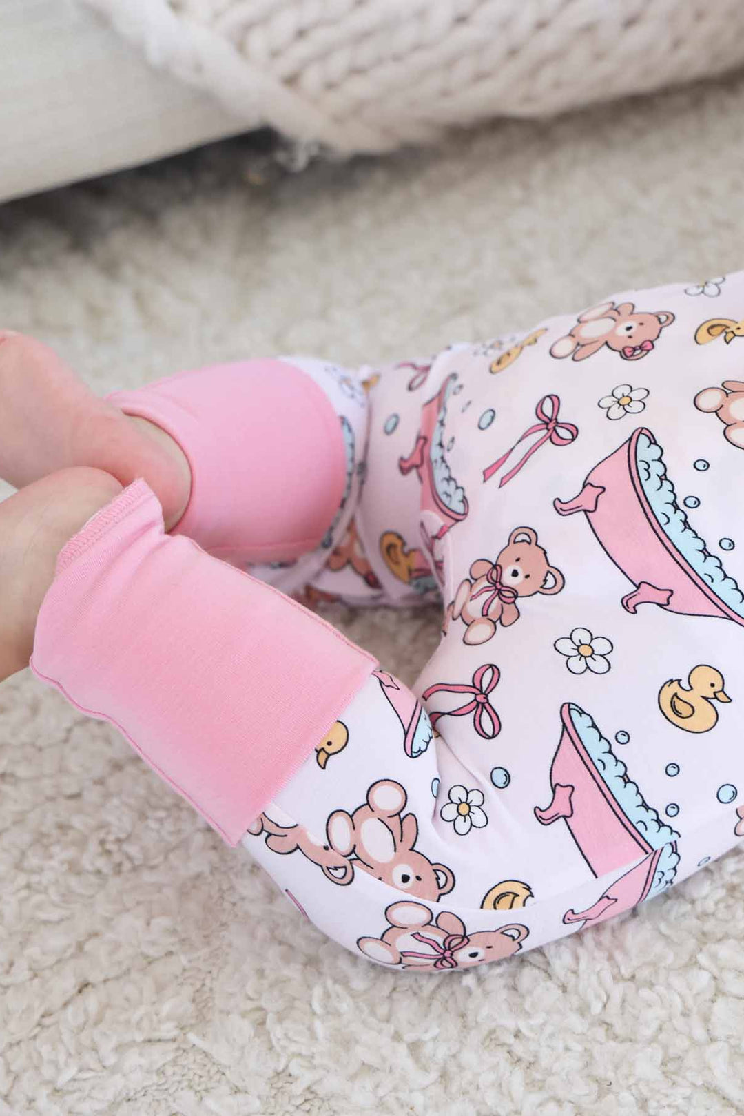 baby zip romper with flip mitts and footies pink bathtime besties 