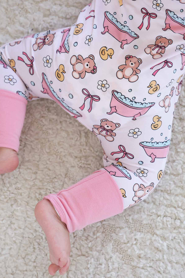 pink bath themed pajama romper for baby girls bamboo 