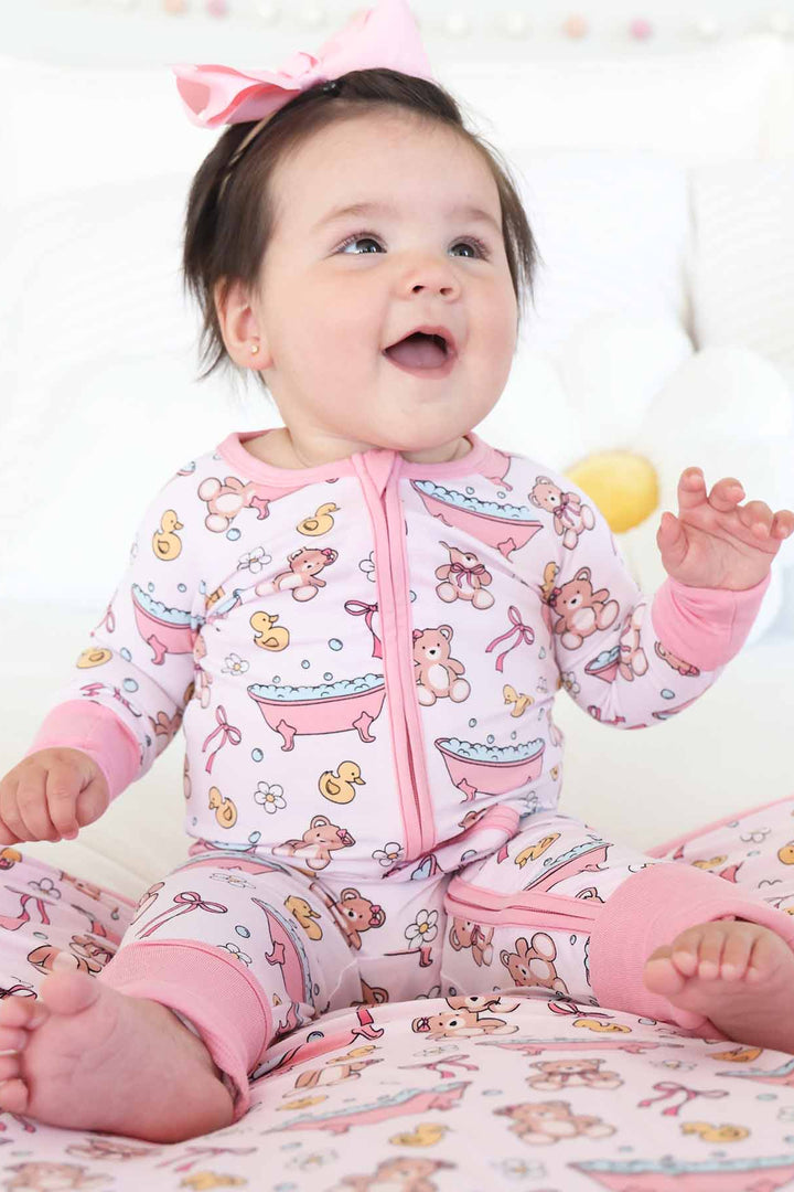 baby convertible zip romper pajama pink bathtub