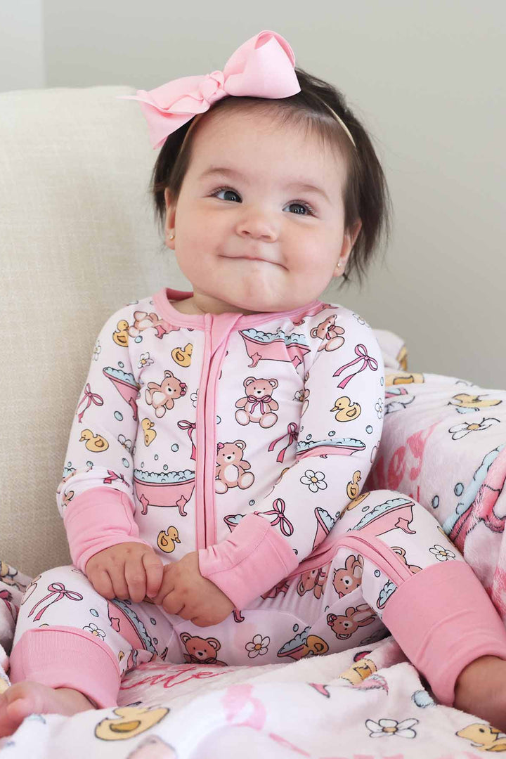 pink romper pajama for baby girls bathtime besties pink 