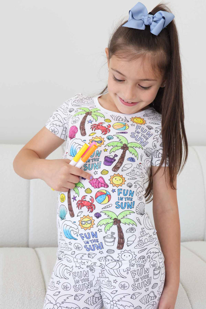 short sleeve colorable pajama set for kids beach themed
