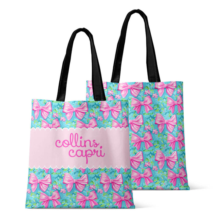personalized teal tote bag with pink bows