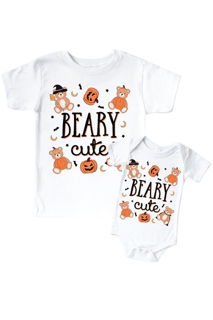 Caden Lane baby onesie and graphic tee with 'BEARY cute' text and bear illustrations on a white background