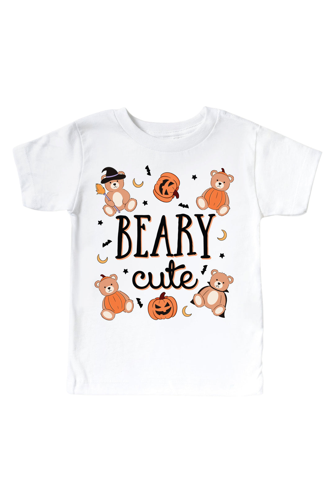 Caden Lane white t-shirt with Halloween-themed design featuring bears and pumpkins on a white background