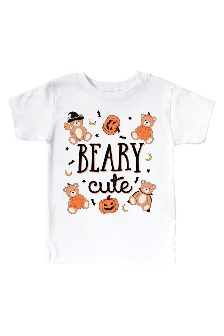 Caden Lane white t-shirt with Halloween-themed design featuring bears and pumpkins on a white background