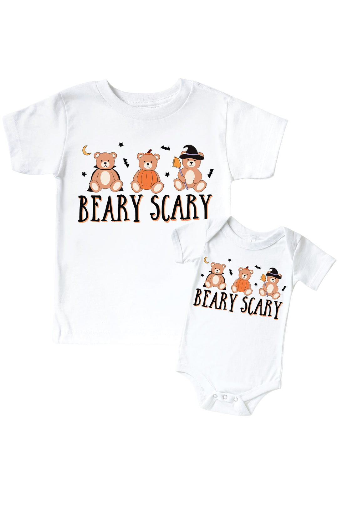 Caden Lane white baby onesie and graphic tee with 'Beary Scary' text and bear illustrations on a white background.