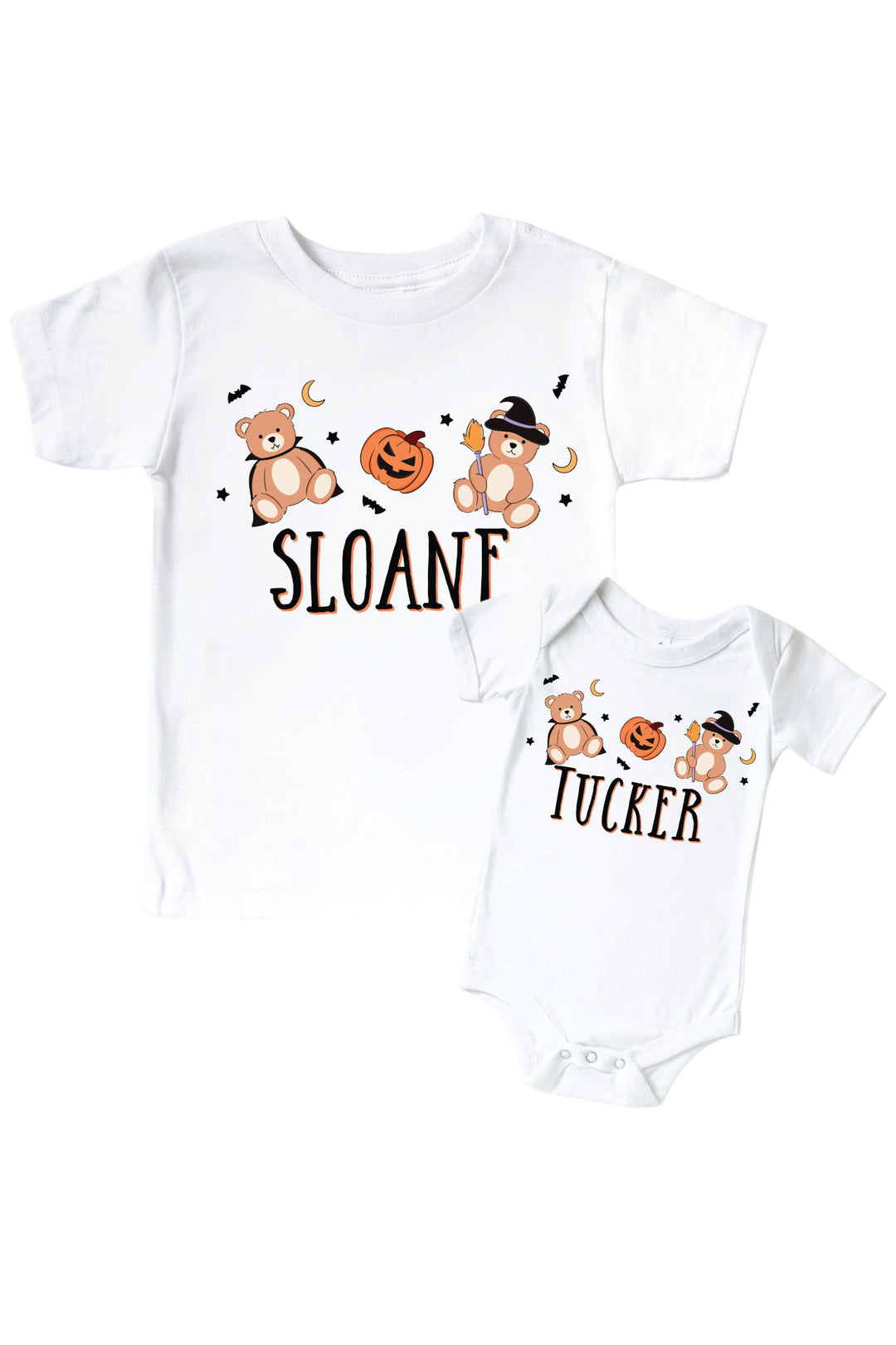Caden Lane white baby graphic tee and bodysuit with Halloween-themed graphics and names 'Sloan' and 'Tucker'.