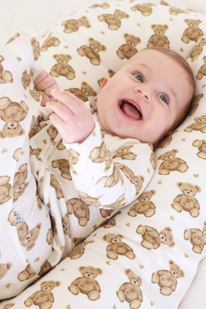 bamboo waffle zipper footie for babies with brown teddy bears 