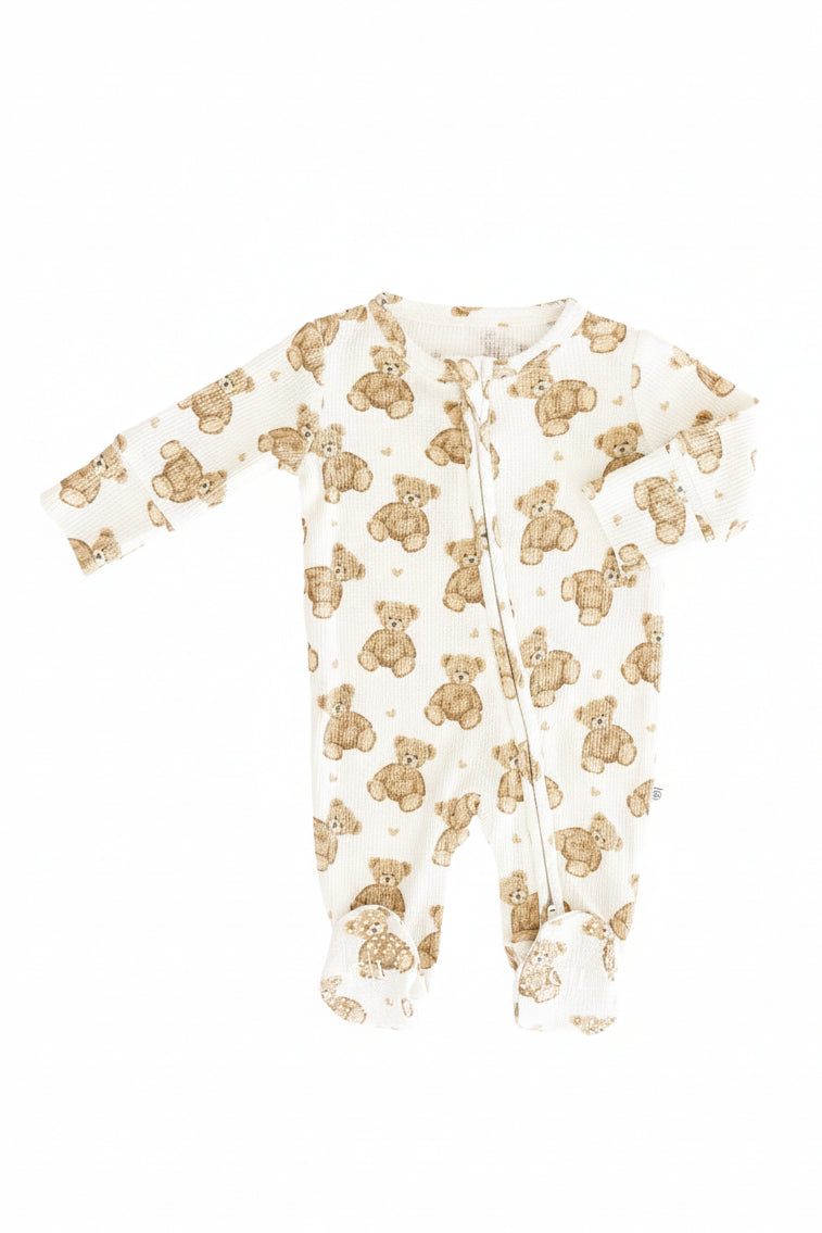 beary sweet gender neutral bamboo waffle zipper footie for babies 
