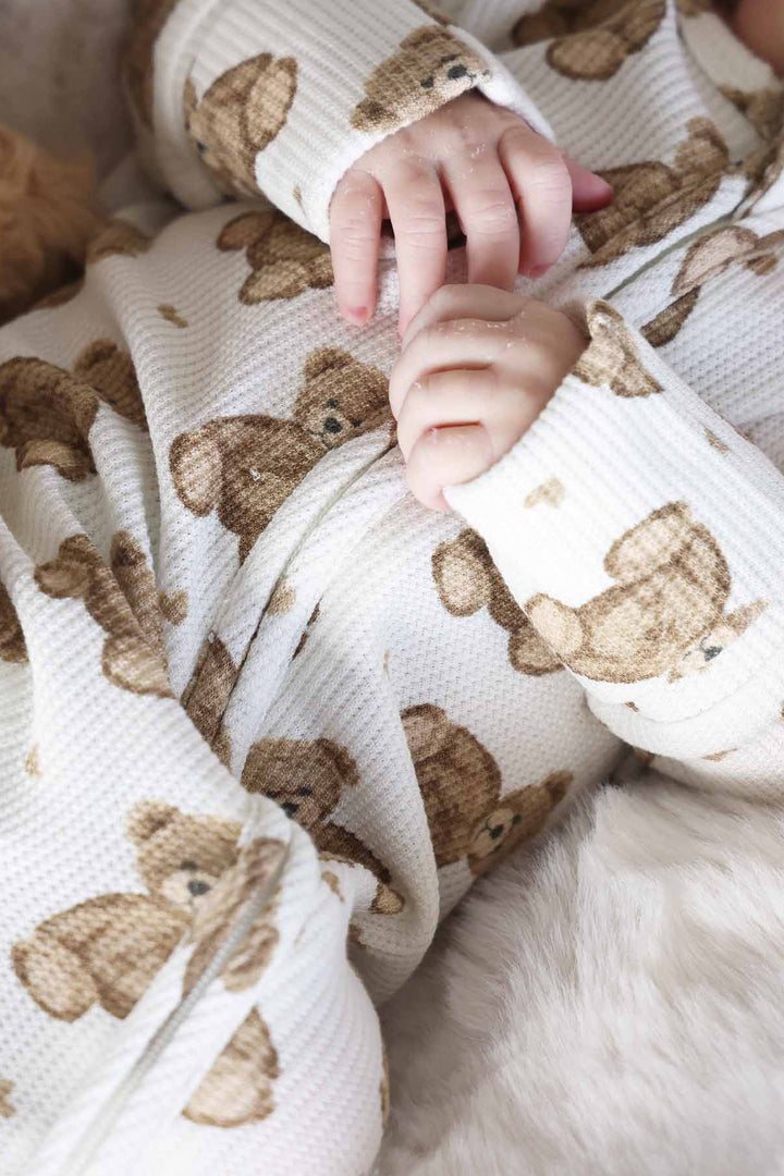 beary sweet bamboo waffle zipper footie for babies and toddlers 