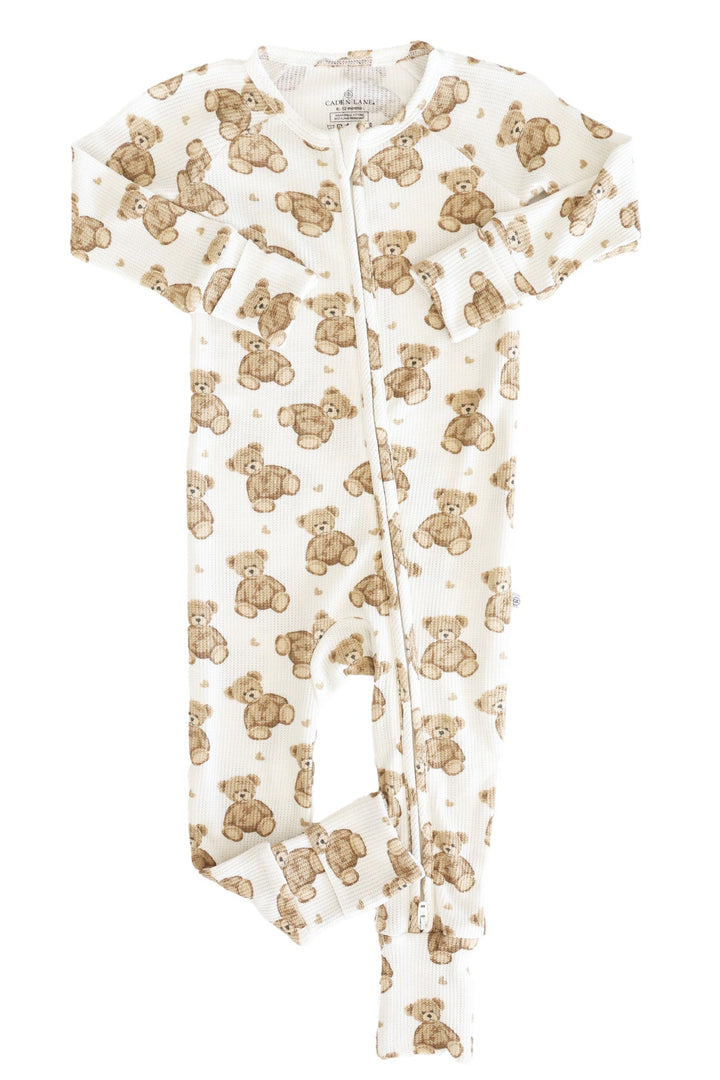 tan and brown teddy bear bamboo waffle convertible zip romper pajama for babies and toddlers 