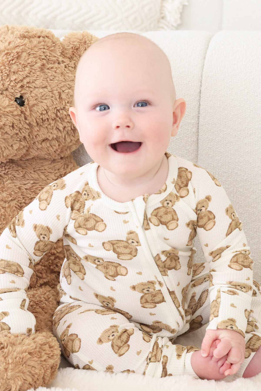 teddy bear waffle convertible zip romper pajama for babies and toddlers 