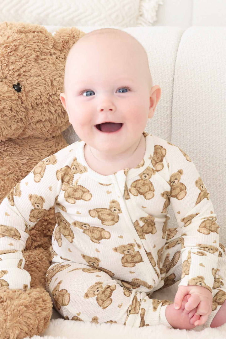 teddy bear waffle convertible zip romper pajama for babies and toddlers 
