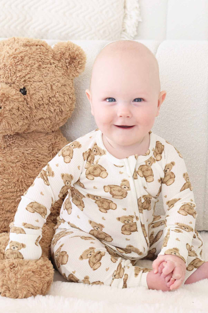 beary sweet bamboo waffle zip romper 